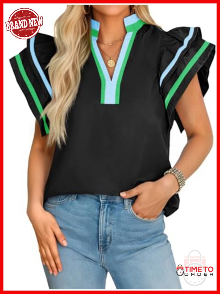 Color Block V-Neck Ruffle Cap Sleeve Blouse Casual Tunic Top